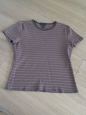 Vintage Banana Republic Brown and Pink Striped Short-Sleeve Crewneck Top Large